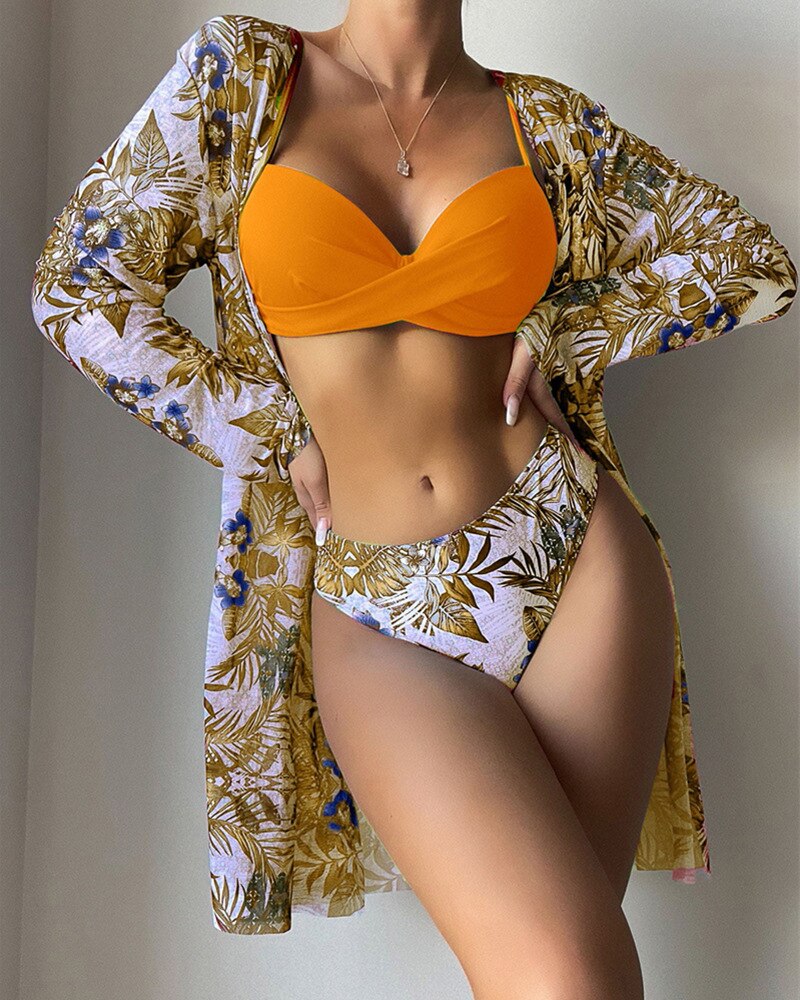 20 Colors Sexy Three Piece Bikinis Set Push Up Swimwear - Swimsuit Plants Print Bathing Suit Bikini Cover Up Banadores Mujer Lemon Yellow