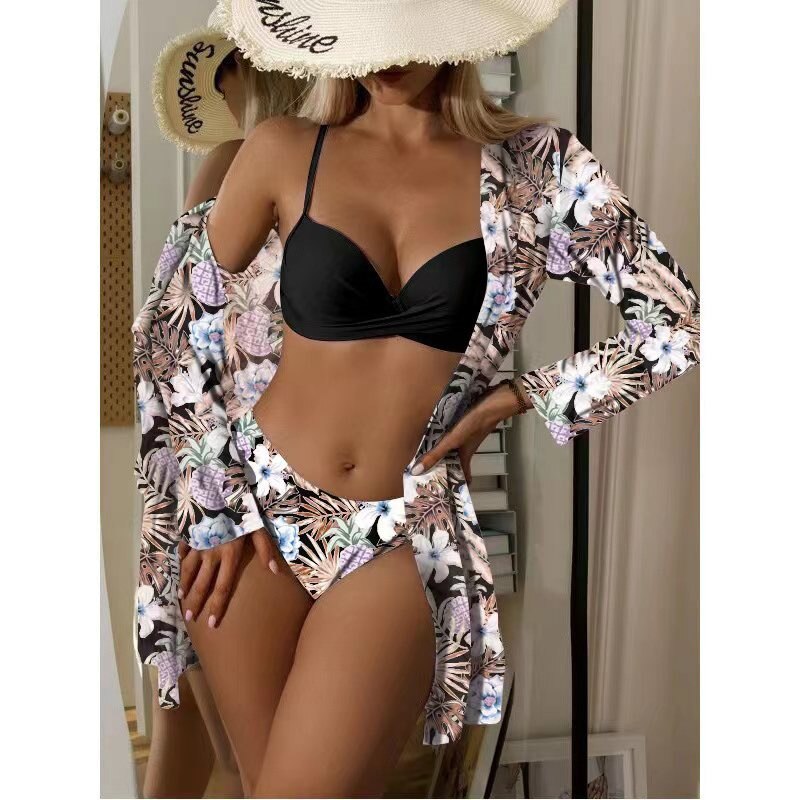20 Colors Sexy Three Piece Bikinis Set Push Up Swimwear - Swimsuit Plants Print Bathing Suit Bikini Cover Up Banadores Mujer White