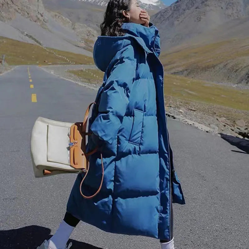 -20 degrees Winter Women long Parkas Jackets Casual Hooded Thick Warm Windproof Parkas Coat Fashion Female outwear Long parkas Denim blue