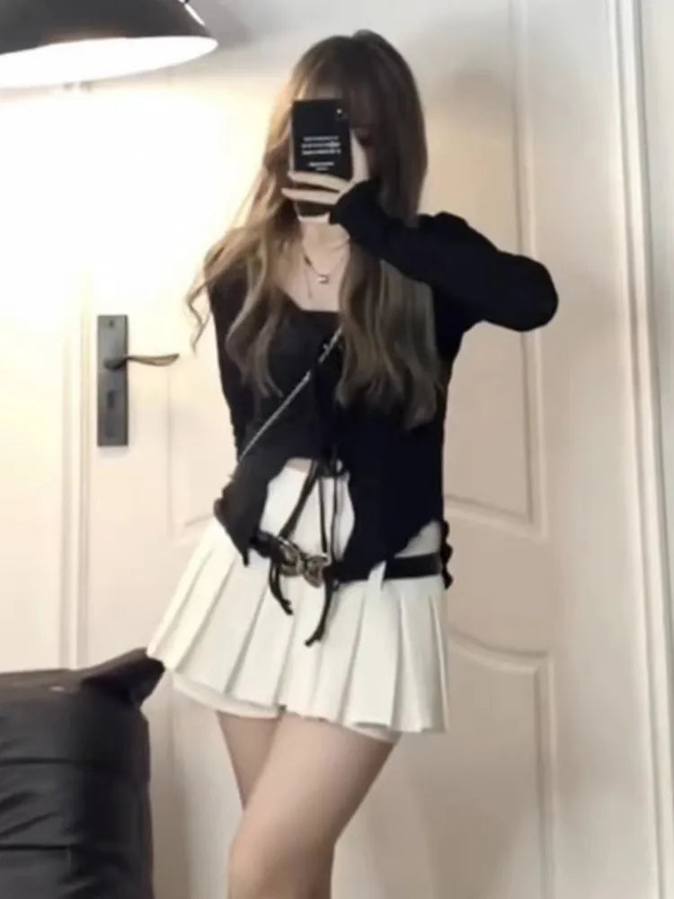 2000s Aesthetics Summer Fashion Gyaru Women Outfits 2 Piece Skirt Set Plaid V-Neck Crop Tops + A-line Mini Skirts With Bow Belt Black