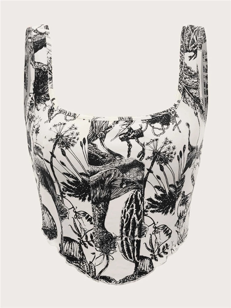 2000s Clothes Y2K Plant Print Corset Top Women Summer Sleeveless Cami Top Harajuku Black Crop Tank Top Streetwear 2024