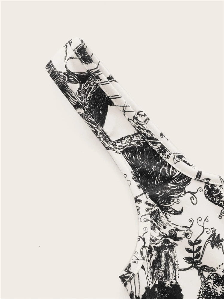 2000s Clothes Y2K Plant Print Corset Top Women Summer Sleeveless Cami Top Harajuku Black Crop Tank Top Streetwear 2024