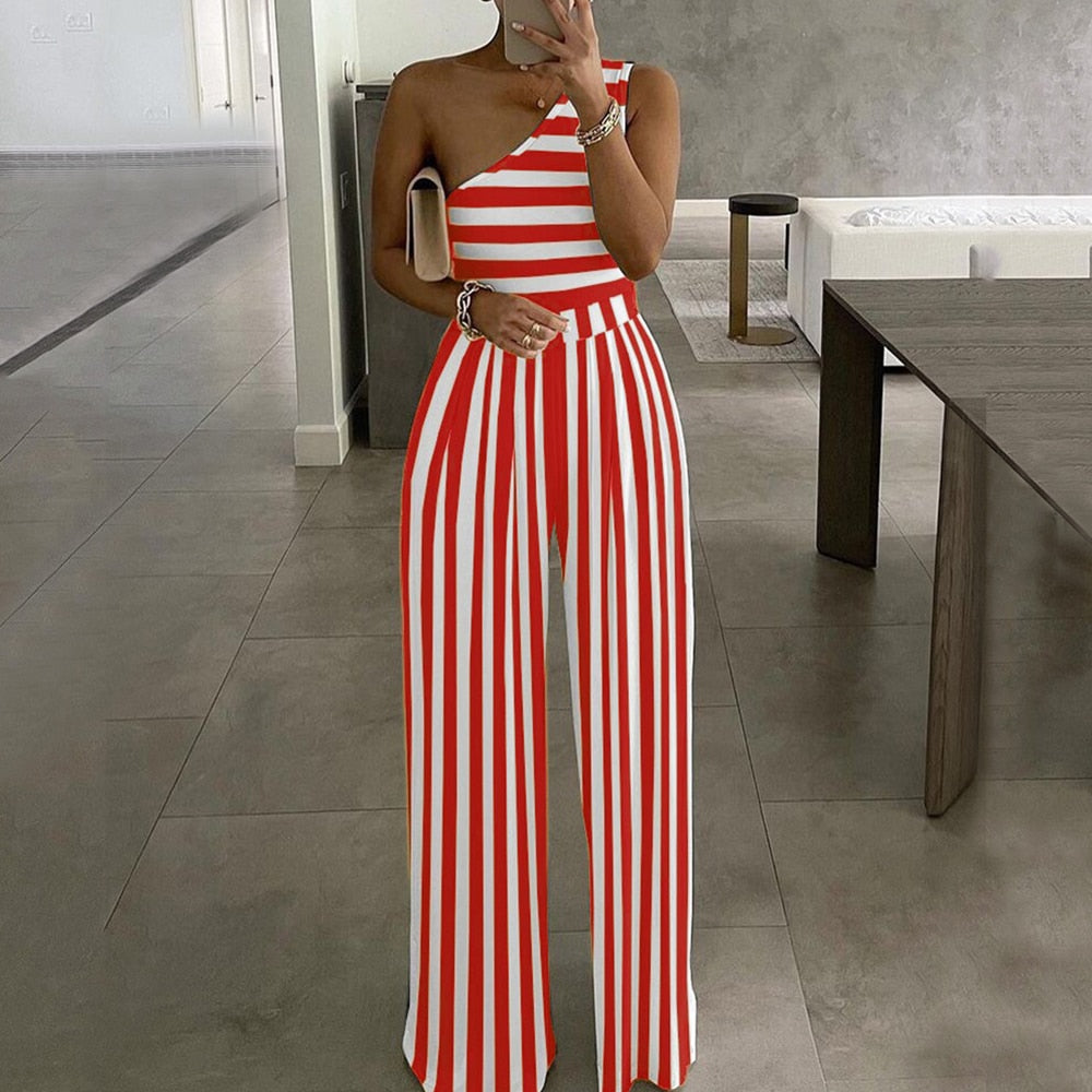 2022 Summer Women Fashion Sexy One Shoulder Club Romper Bodysuit Elegant Wide Leg Jumpsuit Office Lady Casual Ovealls red stripes