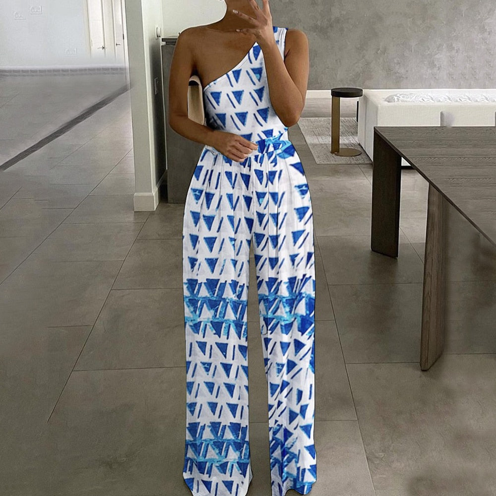 2022 Summer Women Fashion Sexy One Shoulder Club Romper Bodysuit Elegant Wide Leg Jumpsuit Office Lady Casual Ovealls Light Grey