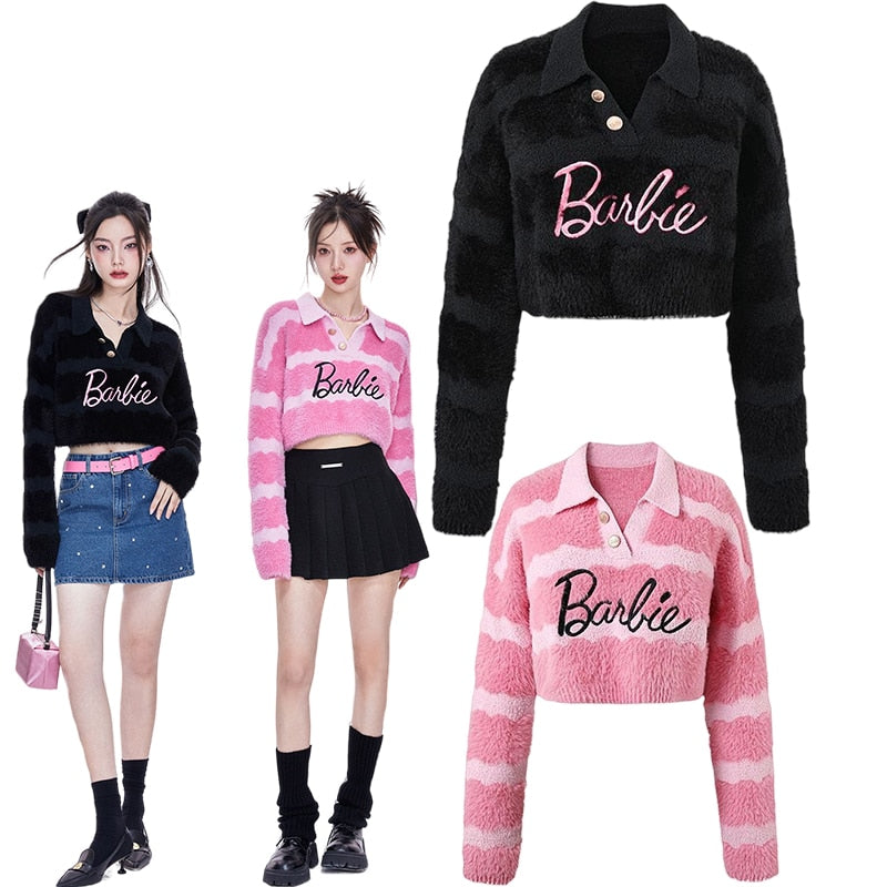 2022 Winter Barbie Short Pure Sexy Mink Hair Polos Striped Wool Sweater for Women Fashion Girls Soft Tops V-Neck Ins Style Gifts