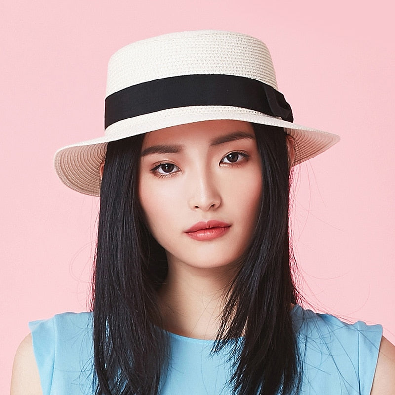 2022 simple Summer Parent-child Beach Hat Female Casual Panama Hat Lady Brand Women Flat brim Bowknot Straw cap girls Sun Hat