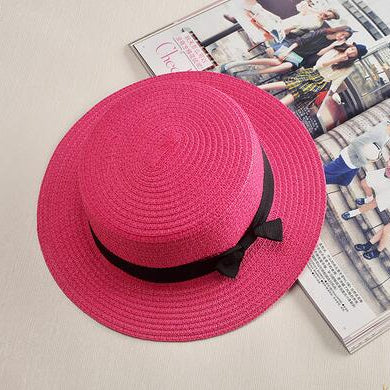 2022 simple Summer Parent-child Beach Hat Female Casual Panama Hat Lady Brand Women Flat brim Bowknot Straw cap girls Sun Hat Rose