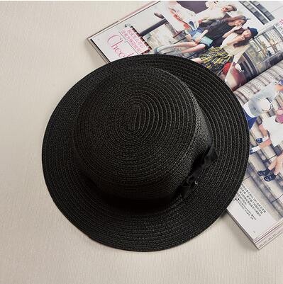 2022 simple Summer Parent-child Beach Hat Female Casual Panama Hat Lady Brand Women Flat brim Bowknot Straw cap girls Sun Hat black