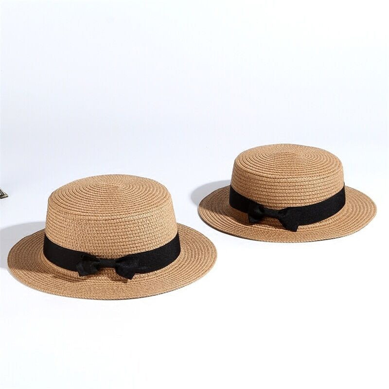2022 simple Summer Parent-child Beach Hat Female Casual Panama Hat Lady Brand Women Flat brim Bowknot Straw cap girls Sun Hat Khaki