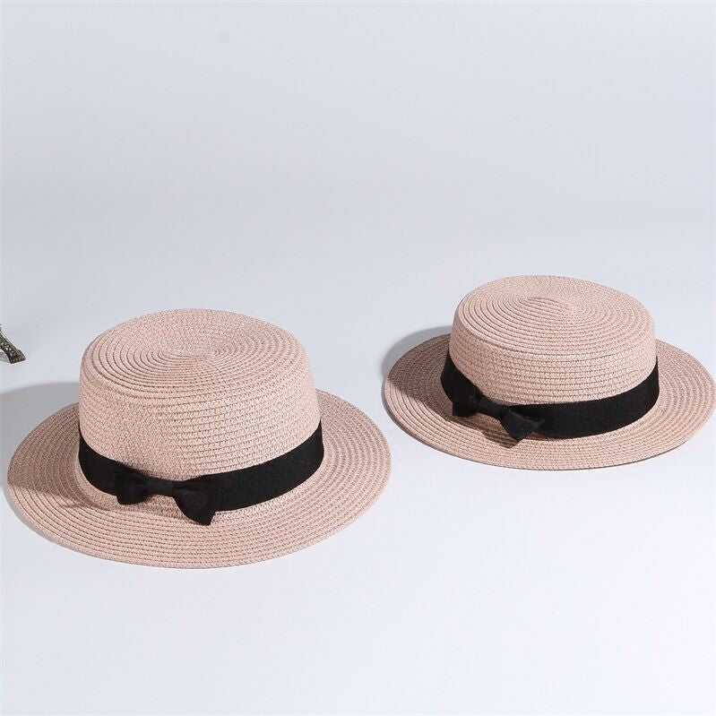 2022 simple Summer Parent-child Beach Hat Female Casual Panama Hat Lady Brand Women Flat brim Bowknot Straw cap girls Sun Hat pink