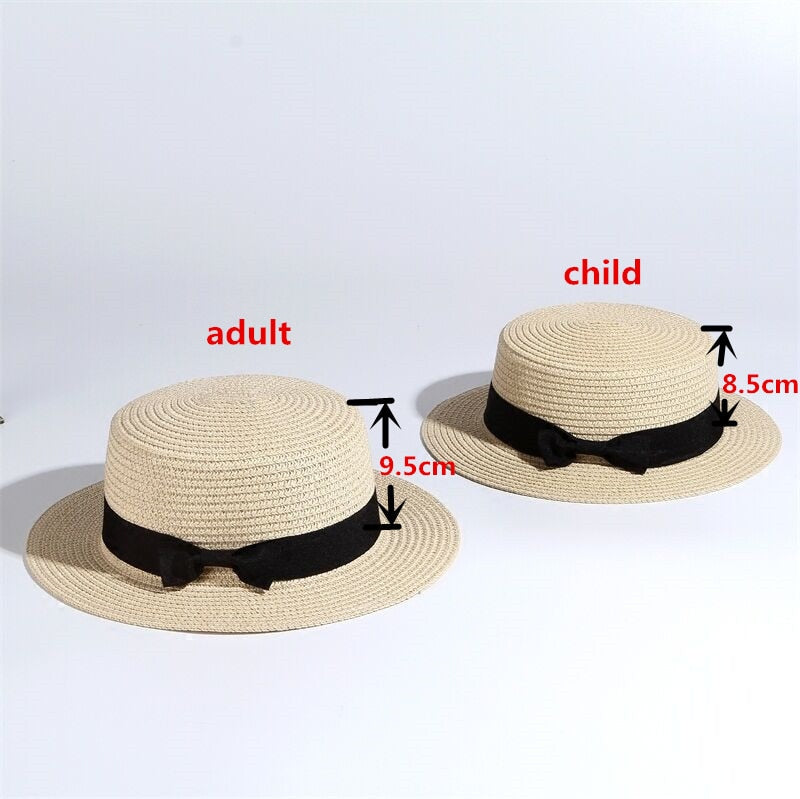 2022 simple Summer Parent-child Beach Hat Female Casual Panama Hat Lady Brand Women Flat brim Bowknot Straw cap girls Sun Hat beige