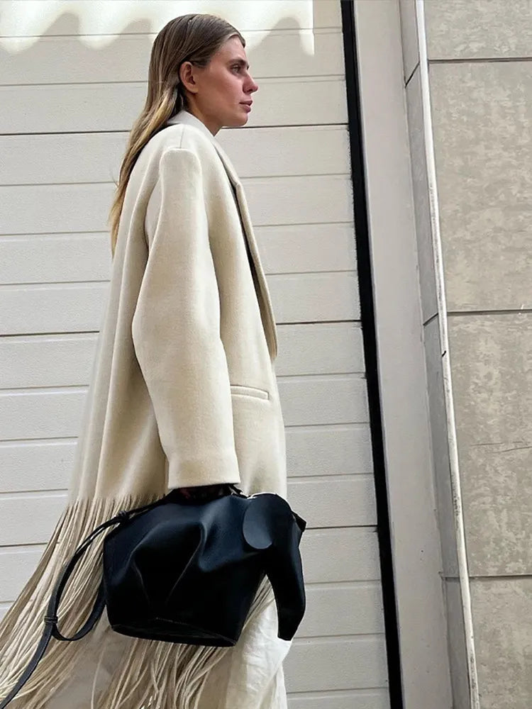 2023 Autumn New Solid Tassel Woolen Blends Coat Women Lapel Full Sleeve With Pocket Coats Female Fashion Streetwear Overcoats