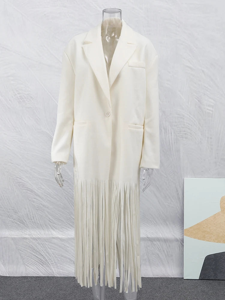 2023 Autumn New Solid Tassel Woolen Blends Coat Women Lapel Full Sleeve With Pocket Coats Female Fashion Streetwear Overcoats apricot