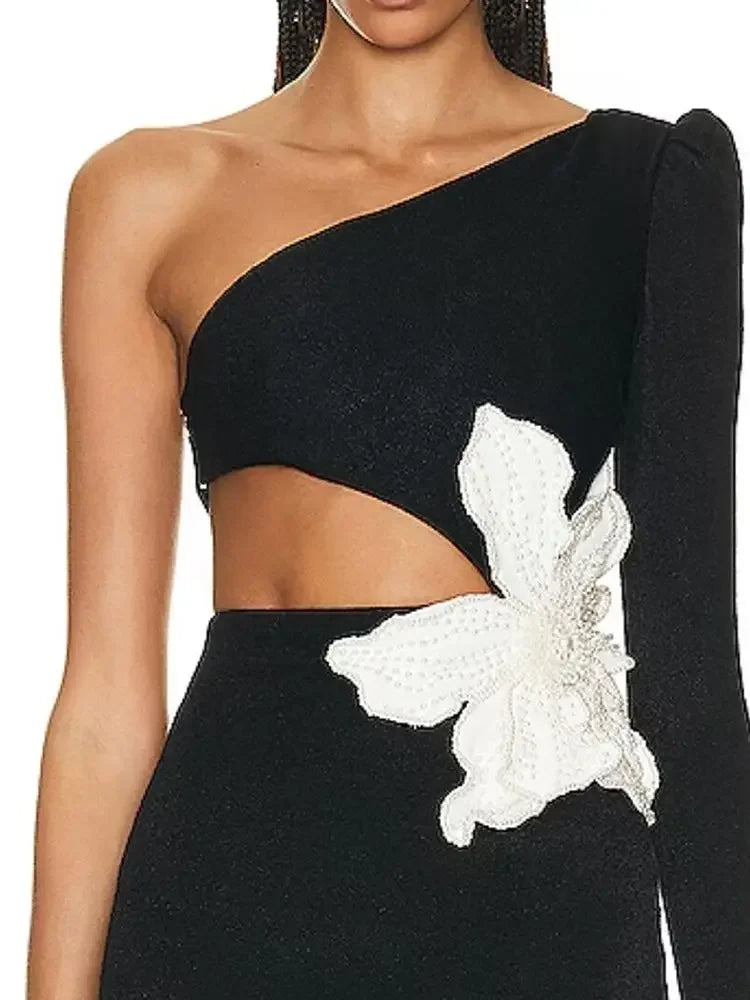 2023 Autumn New Women's Sexy One Shoulder Long Sleeve Hollow Out Flower Bandage Midi Dress Bodycon Celebrity Party Evening Dress