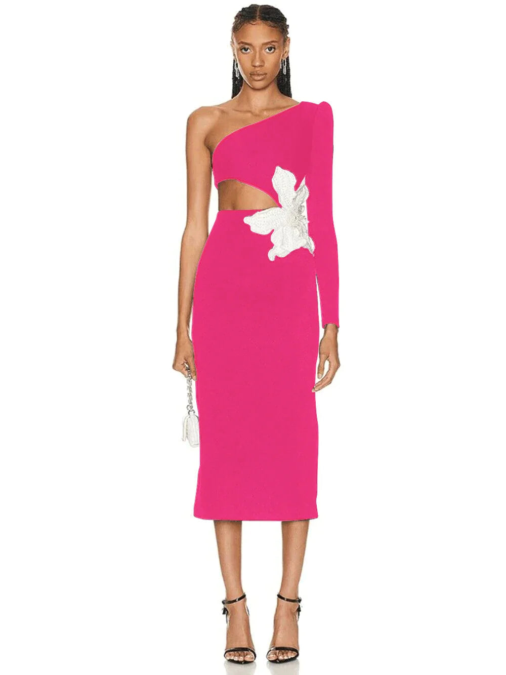 2023 Autumn New Women's Sexy One Shoulder Long Sleeve Hollow Out Flower Bandage Midi Dress Bodycon Celebrity Party Evening Dress Rose red