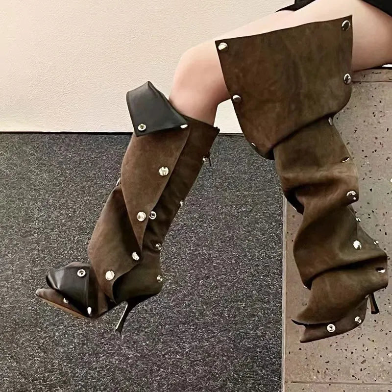 2023 European and American Fashion Sexy Slim Fit High Heel Pleated Long Boots Women's Four Seasons Long Boots Sexy Show Boots