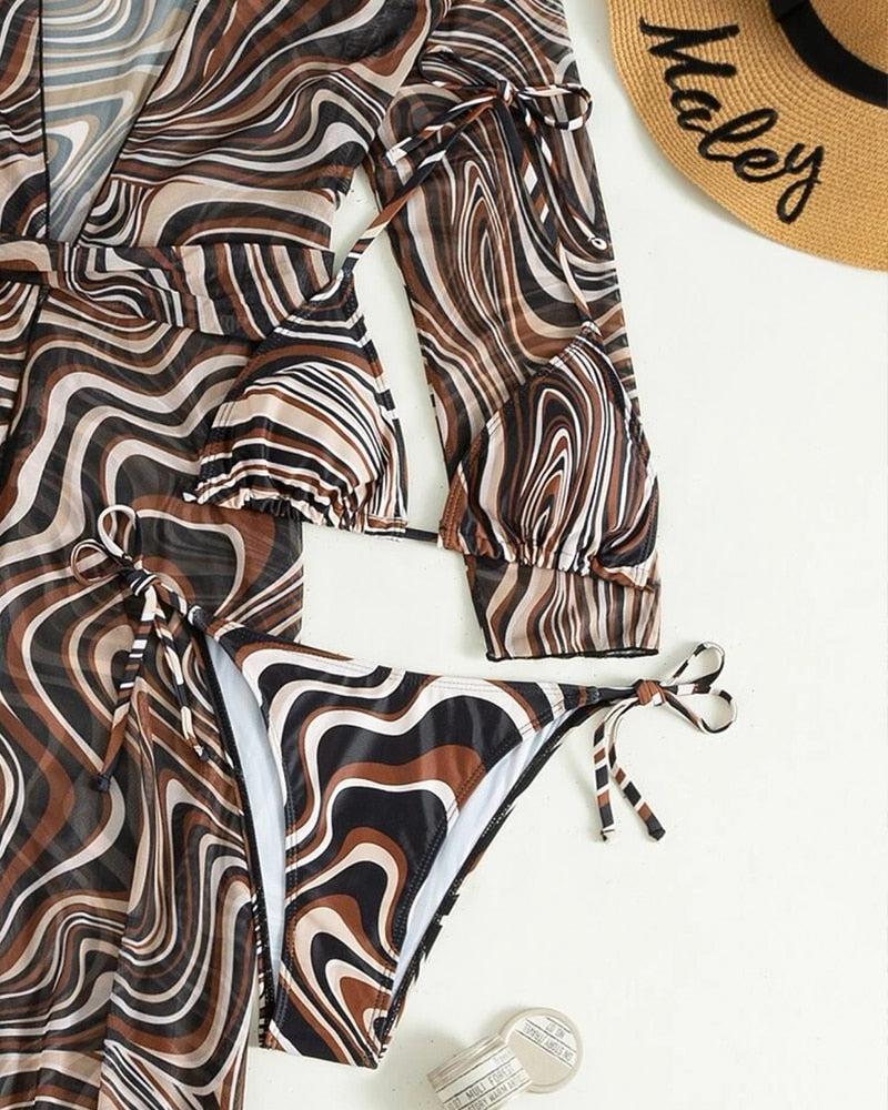 2024 3 Pack Fluid Pattern Lace Up Bikini Tropical Swimsuit And Kimono For Women Sexy Three Pieces Swimwear Beach Bathing Suit