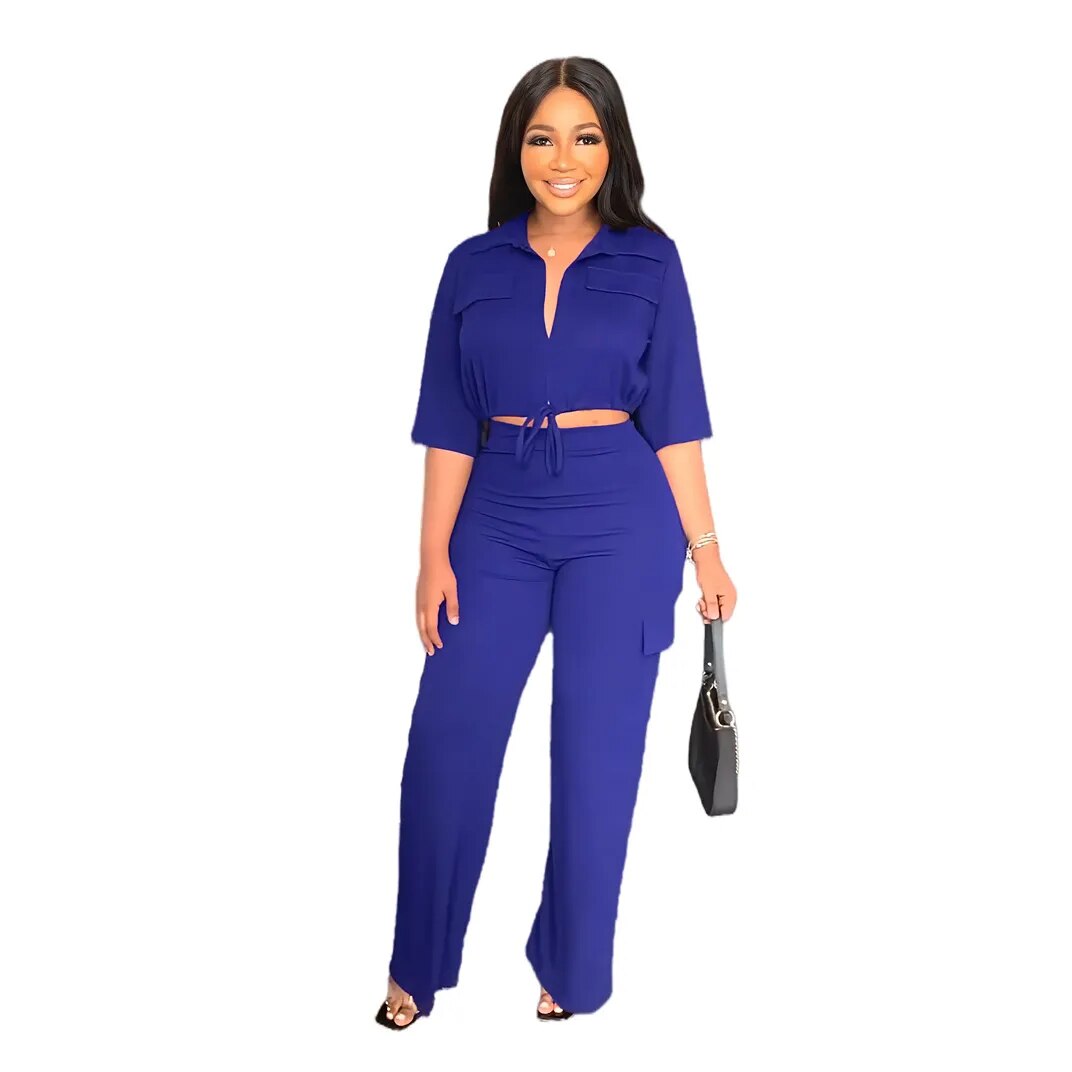 2024 Autumn Elegant Women Set Half Sleeve Blouse And Straight Wide Leg Safari Pants Set Fashion Tracksuit Two Piece Set Outfits Blue TZ162