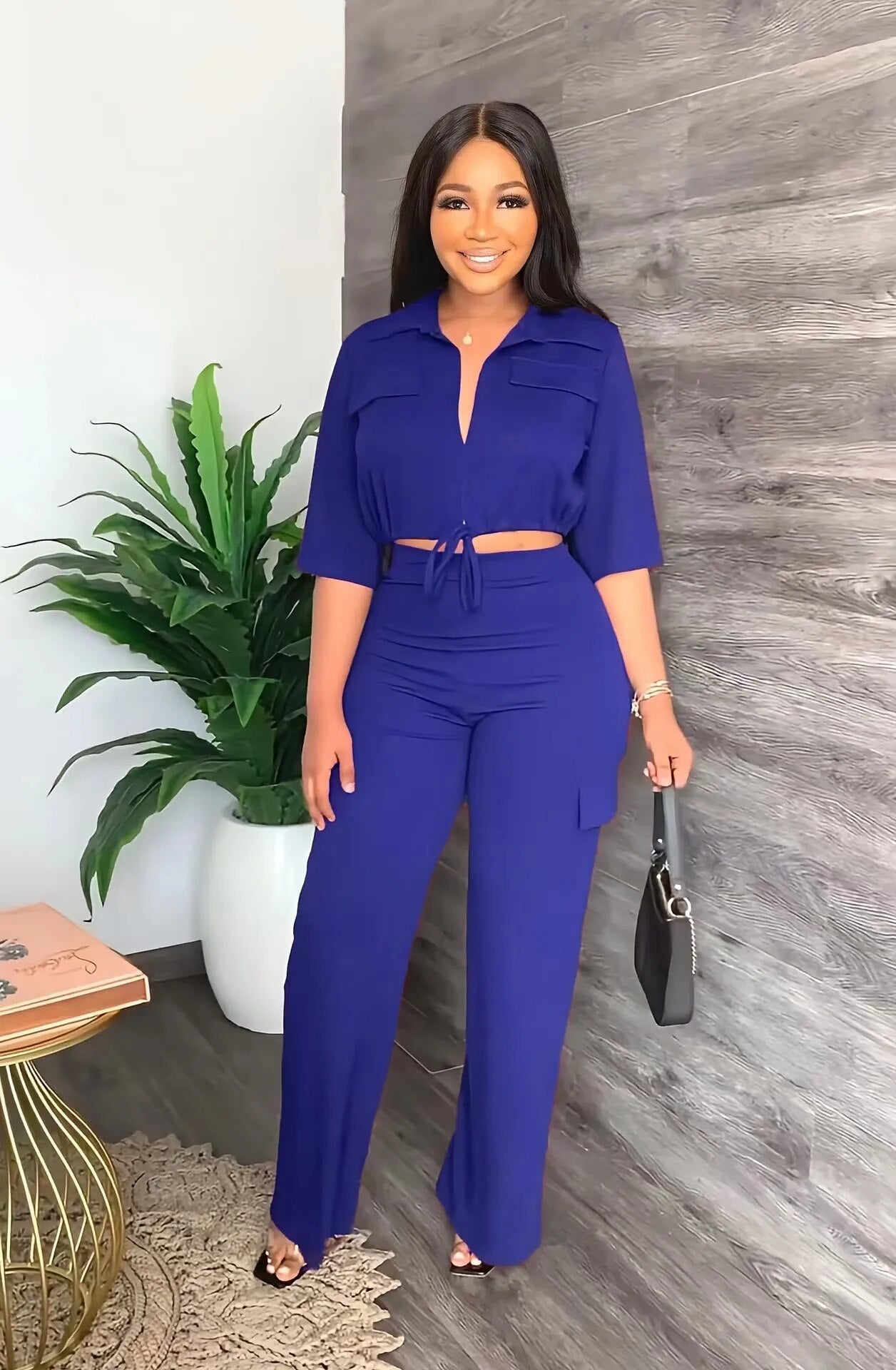 2024 Autumn Elegant Women Set Half Sleeve Blouse And Straight Wide Leg Safari Pants Set Fashion Tracksuit Two Piece Set Outfits