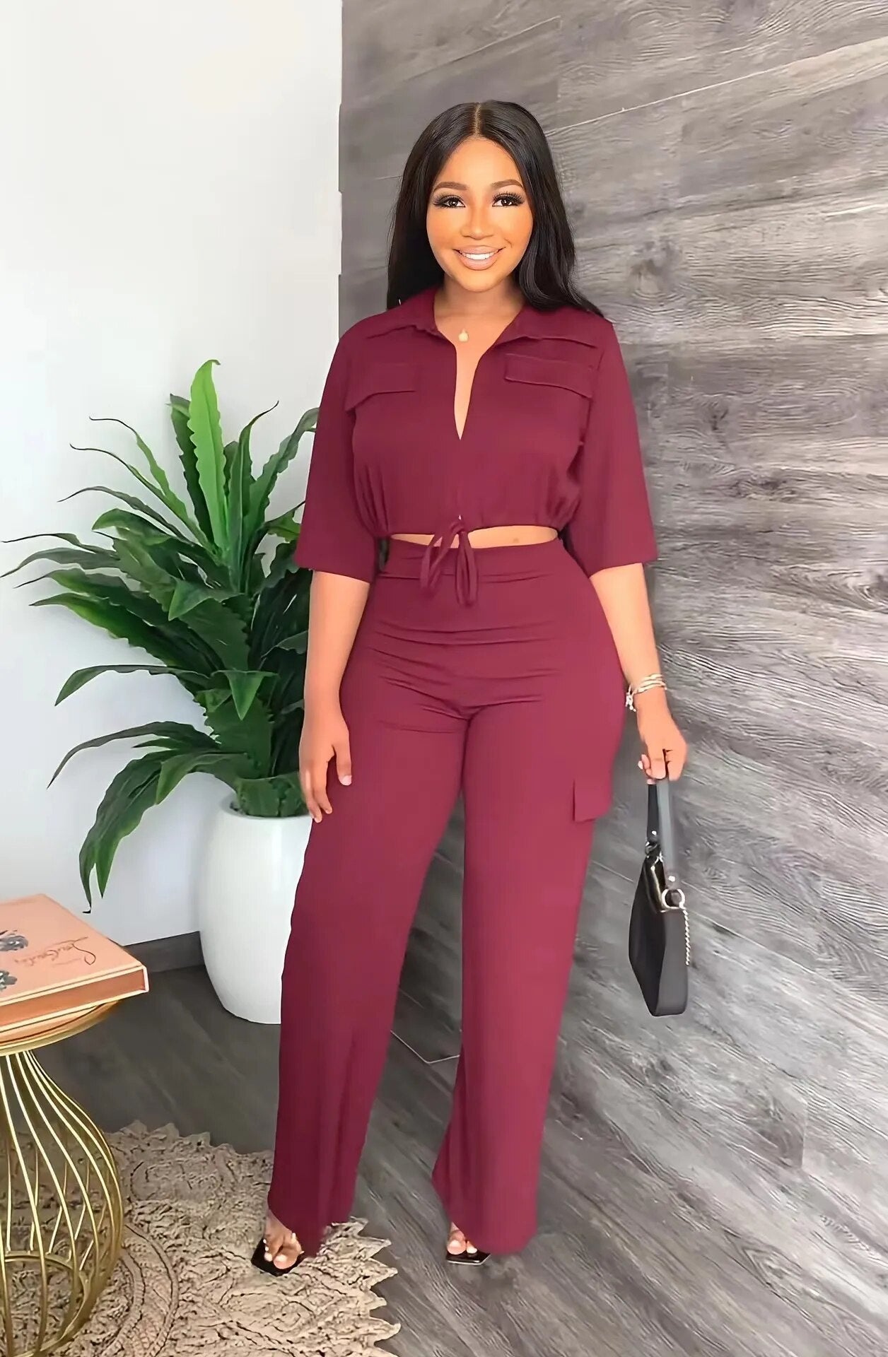 2024 Autumn Elegant Women Set Half Sleeve Blouse And Straight Wide Leg Safari Pants Set Fashion Tracksuit Two Piece Set Outfits