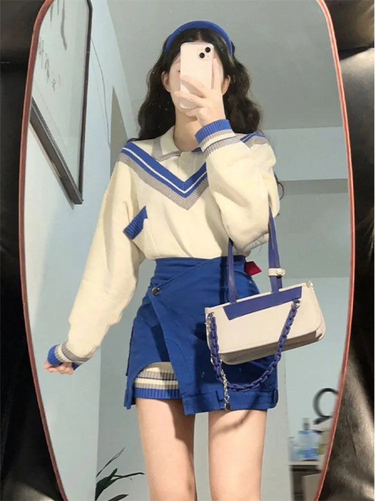 2024 Autumn Fashion Suits Chic Japanese Long Sleeve Y2k Two Piece Dress Set Female Casual Blouse + Blue High Waist Mini Skirts