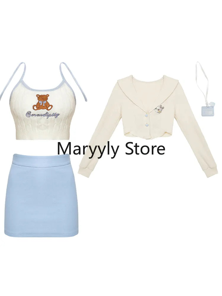 2024 Autumn Japanese Long Sleeve Slim 3 Piece Dress Set Women Kawaii Clothing Pure Color Cardigan + Mini Skirts Fashion Suits