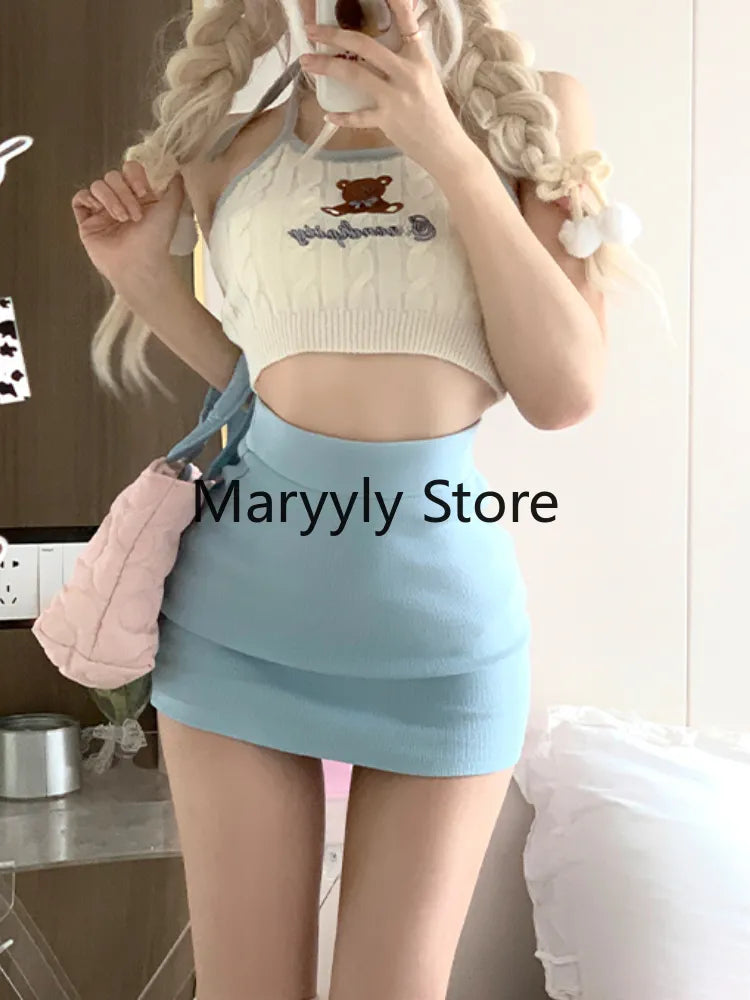 2024 Autumn Japanese Long Sleeve Slim 3 Piece Dress Set Women Kawaii Clothing Pure Color Cardigan + Mini Skirts Fashion Suits