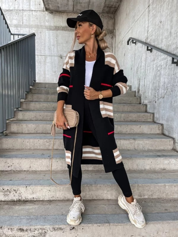 2024 Autumn Knitting Oversize Women's Long Coat Black Long Sleeve Cardigan Loose Coats Female New Casual Trendy Ladies Clothes
