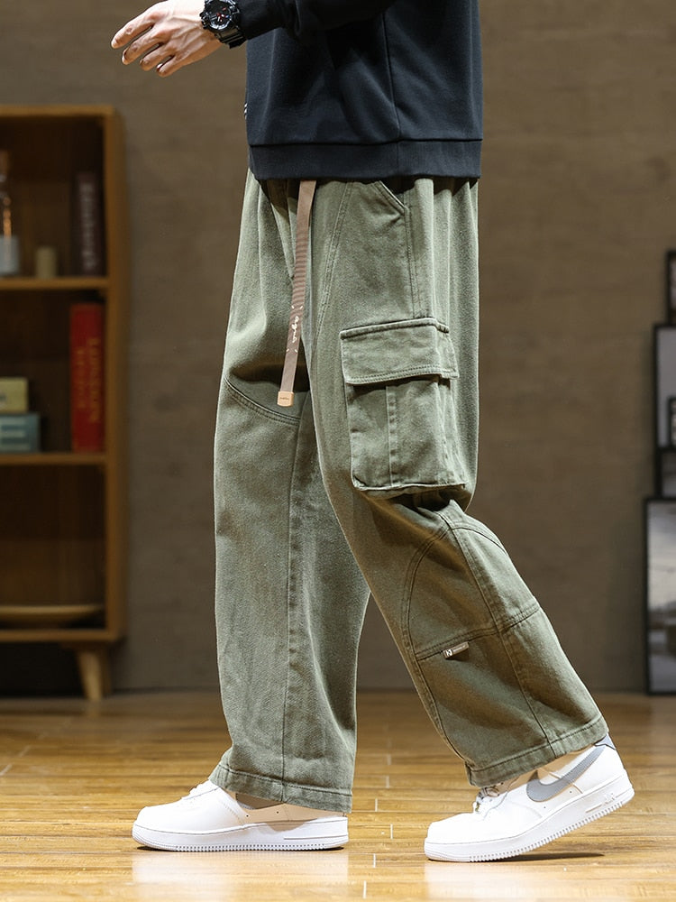 2024 Autumn New Cargo Pants Men Multi-Pockets Cotton Casual Wide Pants Male Workwear Loose Straight Trousers Big Size 7XL 8XL Army Green