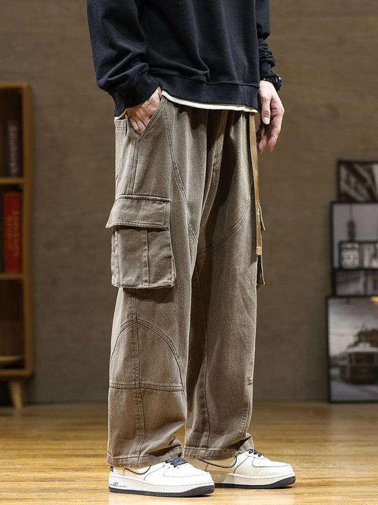 2024 Autumn New Cargo Pants Men Multi-Pockets Cotton Casual Wide Pants Male Workwear Loose Straight Trousers Big Size 7XL 8XL Auburn