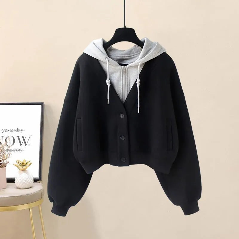 2024 Autumn New Plush and Thick Patchwork Hoodie Jacket Pleated Mini Skirt Two-piece Elegant Women's Skirt Set Outfits only black hoodie