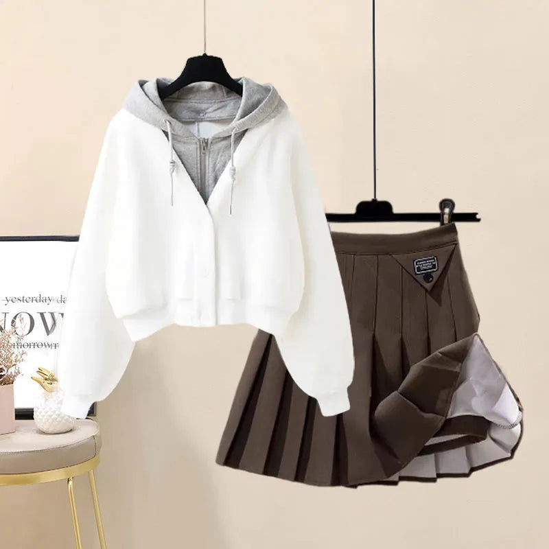 2024 Autumn New Plush and Thick Patchwork Hoodie Jacket Pleated Mini Skirt Two-piece Elegant Women's Skirt Set Outfits 2pcs set 06
