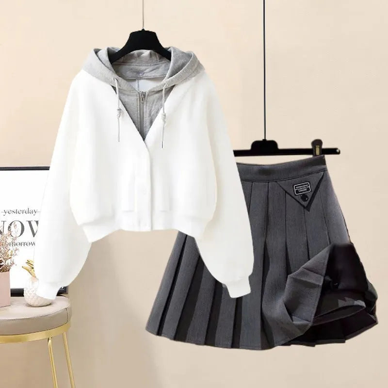 2024 Autumn New Plush and Thick Patchwork Hoodie Jacket Pleated Mini Skirt Two-piece Elegant Women's Skirt Set Outfits 2pcs set 02