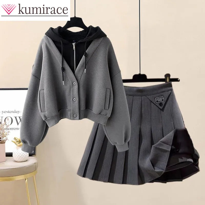 2024 Autumn New Plush and Thick Patchwork Hoodie Jacket Pleated Mini Skirt Two-piece Elegant Women's Skirt Set Outfits