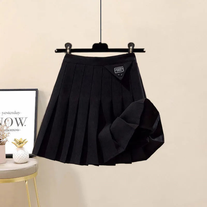 2024 Autumn New Plush and Thick Patchwork Hoodie Jacket Pleated Mini Skirt Two-piece Elegant Women's Skirt Set Outfits only black skirt