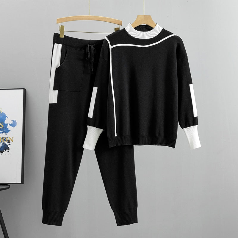 2024 Autumn Runway 2 Pieces Set Knitted Long Sleeve Pullovers Sweater Casual Patchwork Fashion Women Tops and Pants Suits Spring Black