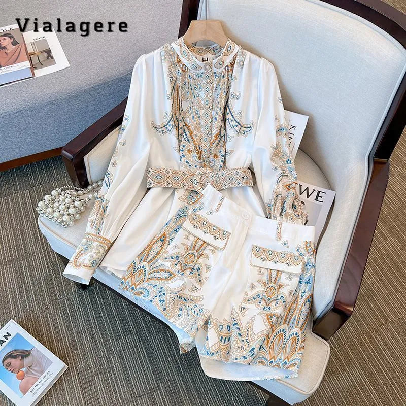 2024 Autumn Summer Fashion Vintage Two-piece Set Women Long Sleeve Single Breasted Top+Print Shorts Luxury Shorts Set Outfits