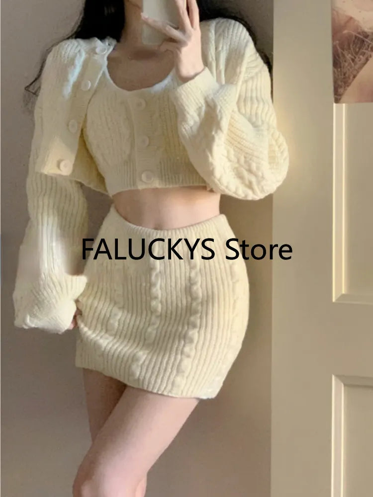 2024 Autumn Sweet Skirt 3 Piece Set Office Lady Casual Blouse + Slim Sexy Vest + Women Party Mini Skirt Korean Fashion Chic