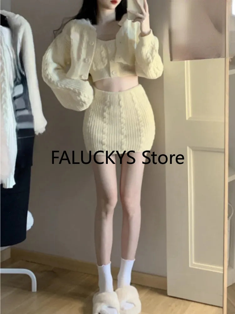 2024 Autumn Sweet Skirt 3 Piece Set Office Lady Casual Blouse + Slim Sexy Vest + Women Party Mini Skirt Korean Fashion Chic