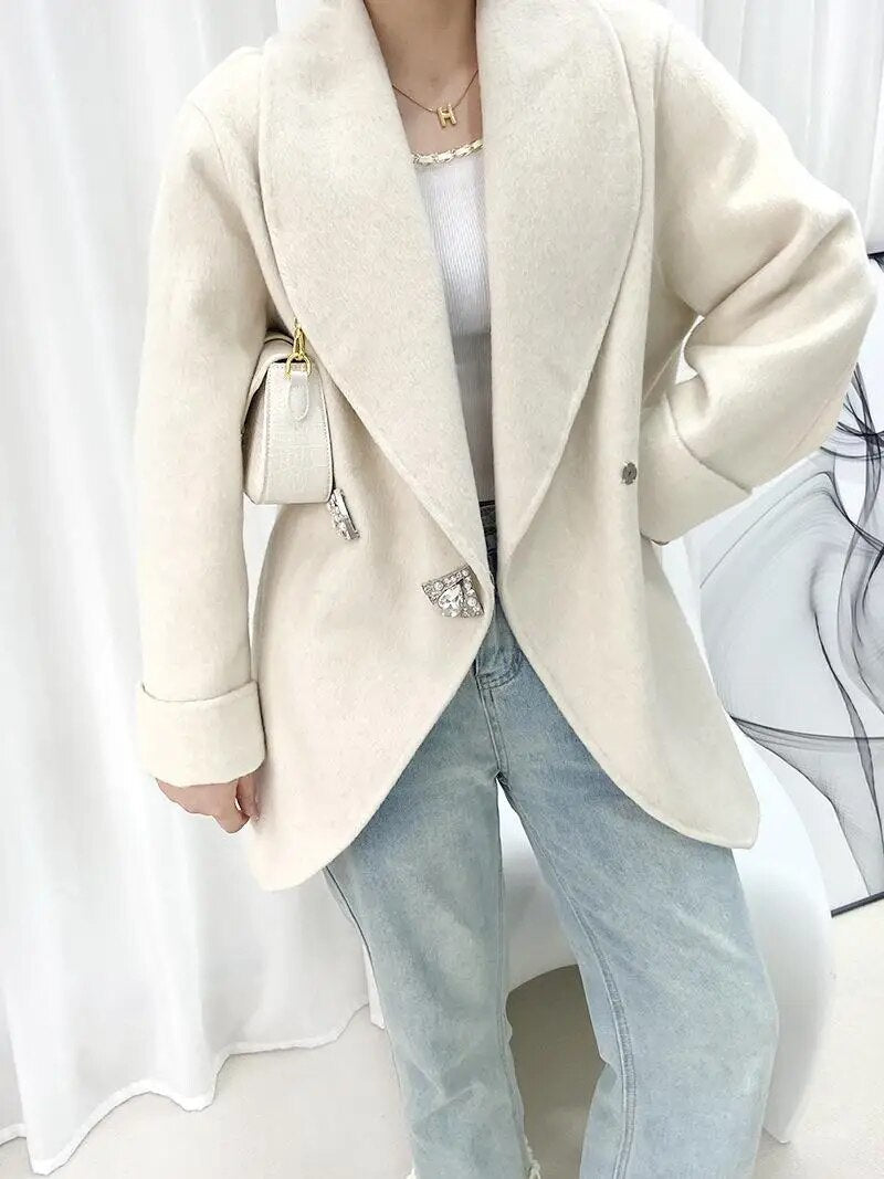 Autumn/Winter Korean Style Short Woolen Jackets Rabbit Hair Ladies Handmade Double-Breasted Loose Women Wool Coats Beige