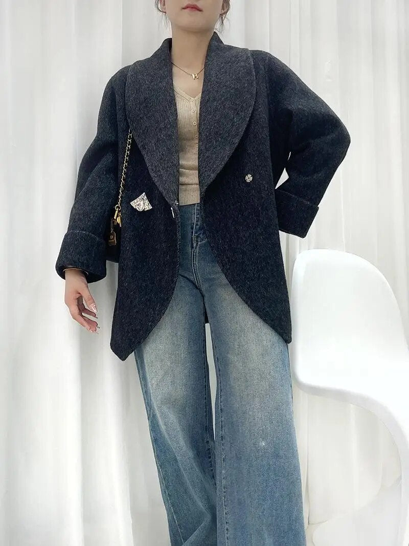 Autumn/Winter Korean Style Short Woolen Jackets Rabbit Hair Ladies Handmade Double-Breasted Loose Women Wool Coats Black-gray