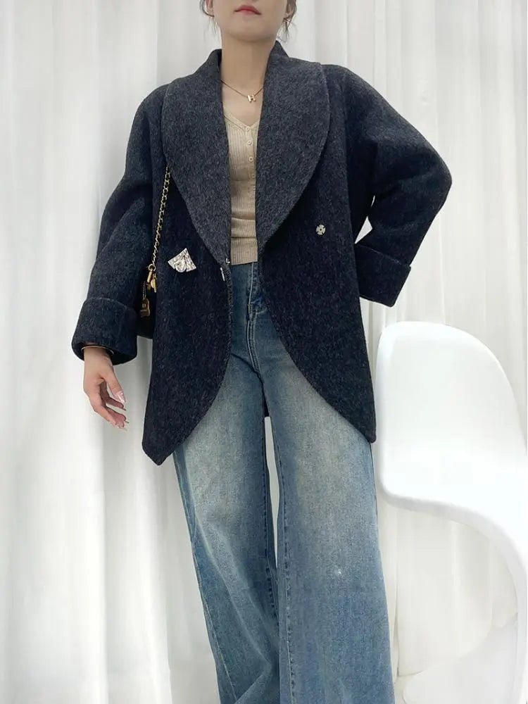 Autumn/Winter Korean Style Short Woolen Jackets Rabbit Hair Ladies Handmade Double-Breasted Loose Women Wool Coats