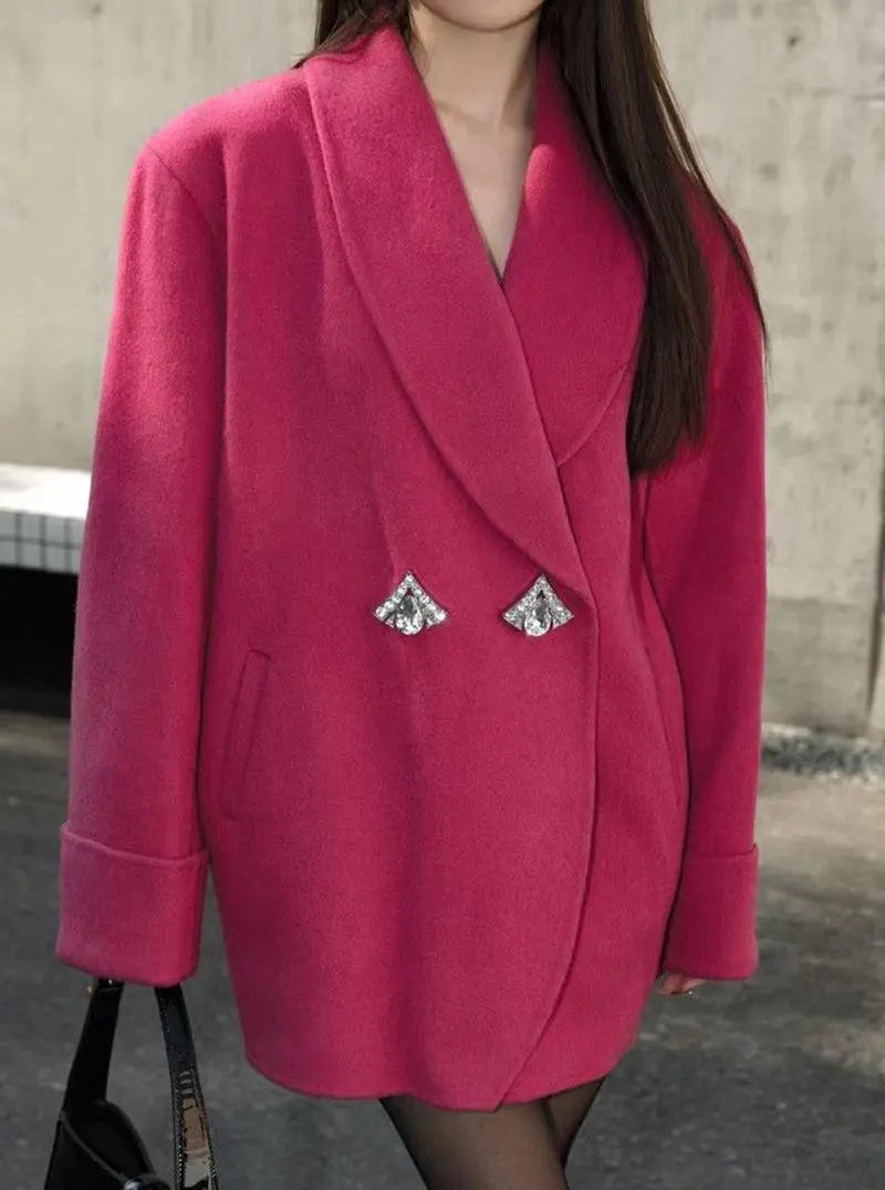 Autumn/Winter Korean Style Short Woolen Jackets Rabbit Hair Ladies Handmade Double-Breasted Loose Women Wool Coats Dragon Fruit