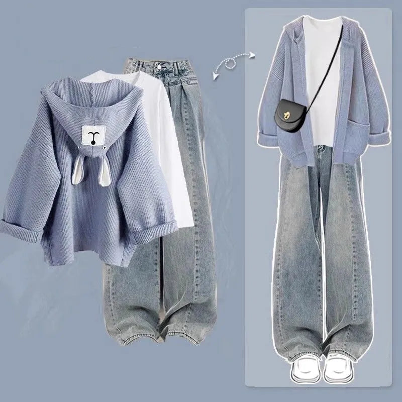 2024 Autumn/Winter New Denim Pants Matching Set Women's Korean Elegant Knit Hooded Cardigan+Long Sleeve+Jeans Three Piece Suit Blue Set