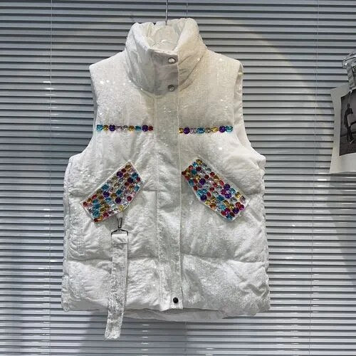 2024 Autumn Winter New Heavy Industry Color Gem Beaded Cotton Vest Women's Thicked Warm Stand Collar Sleeveless Waistcoat Jacket White One Size