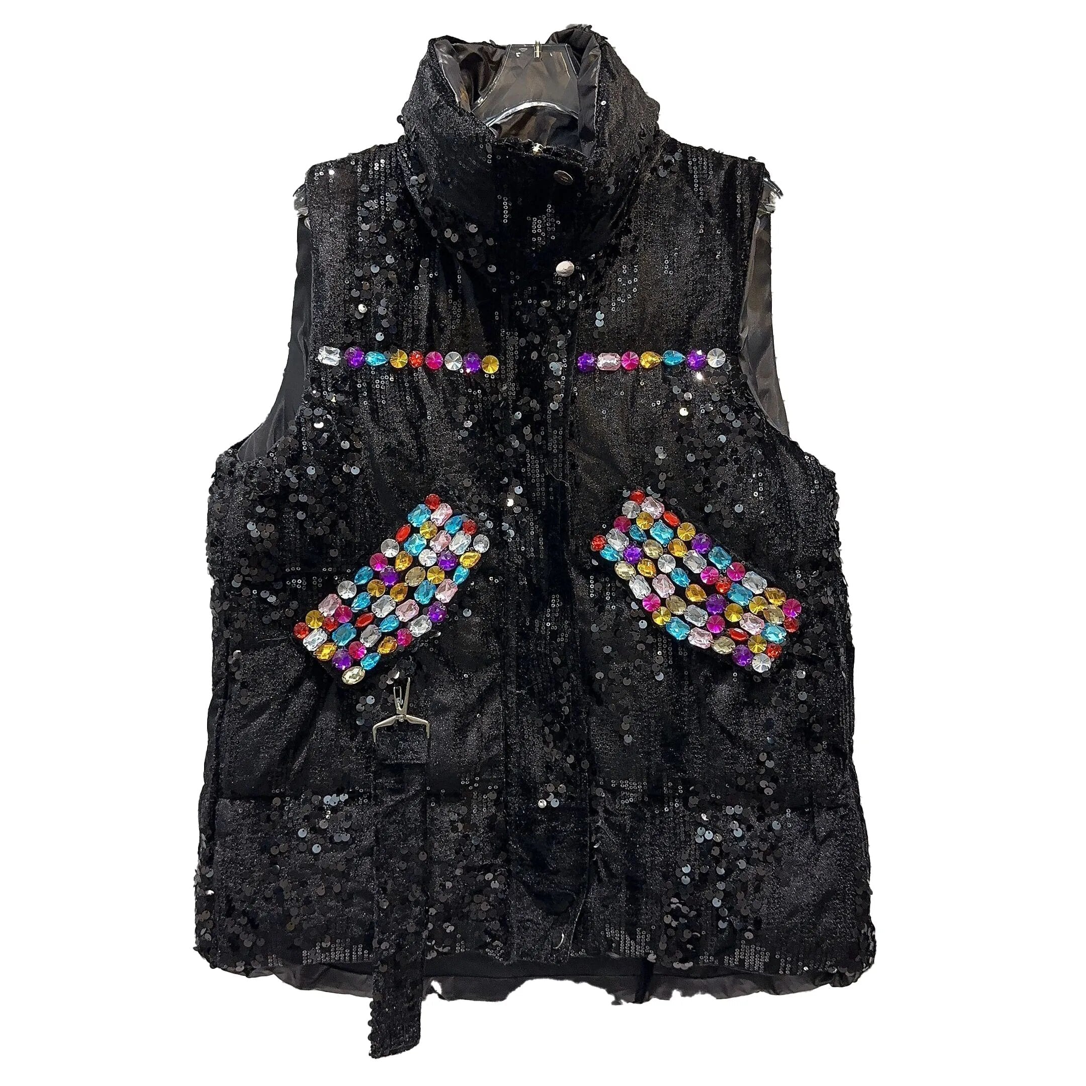 2024 Autumn Winter New Heavy Industry Color Gem Beaded Cotton Vest Women's Thicked Warm Stand Collar Sleeveless Waistcoat Jacket