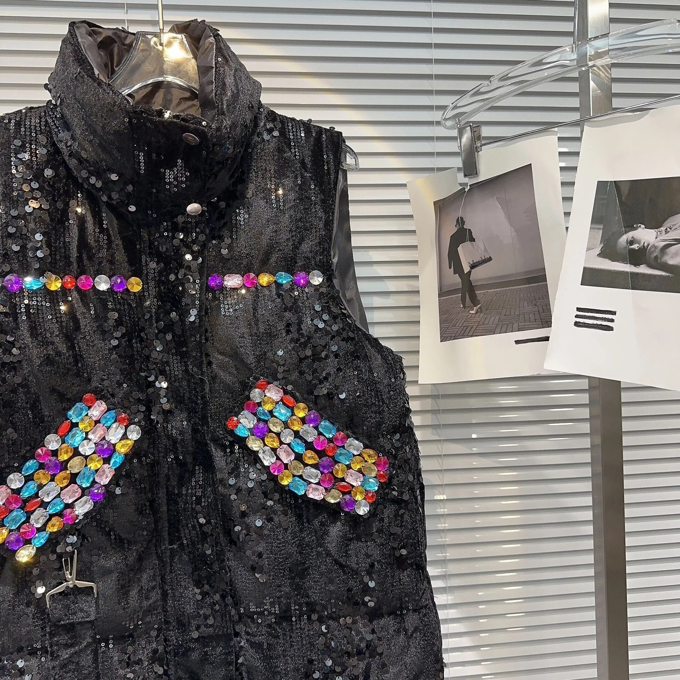 2024 Autumn Winter New Heavy Industry Color Gem Beaded Cotton Vest Women's Thicked Warm Stand Collar Sleeveless Waistcoat Jacket