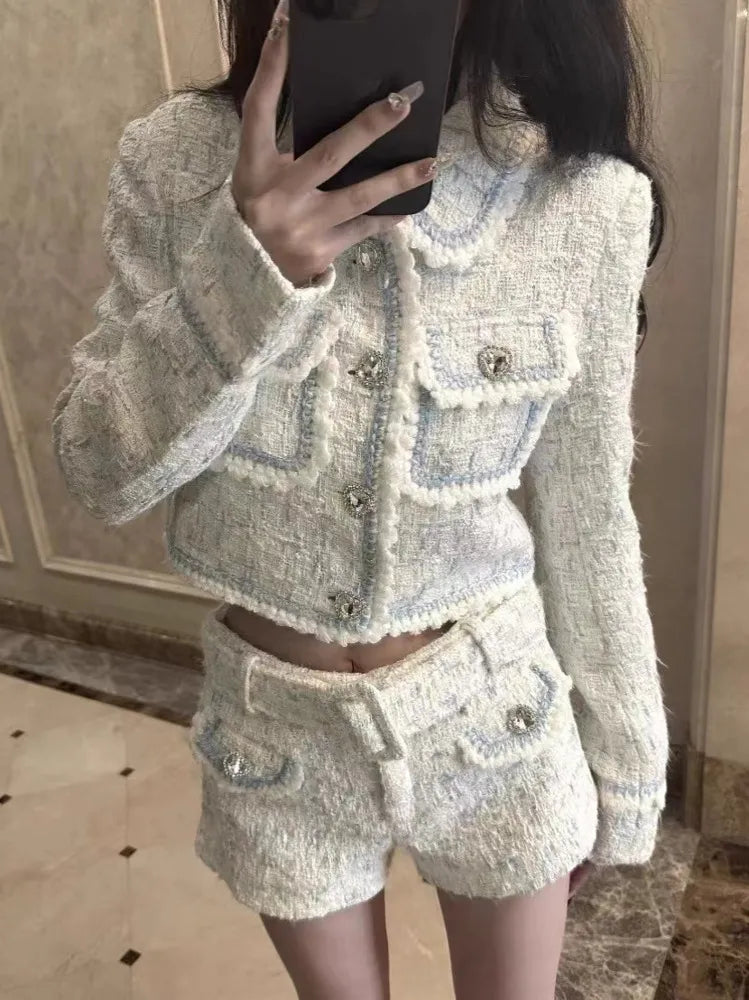 2024 Autumn Winter New Y2K Style Heart Shaped Button Tweed Short Coat Jacket + High Waist Shorts Suit Women Two Piece Sets