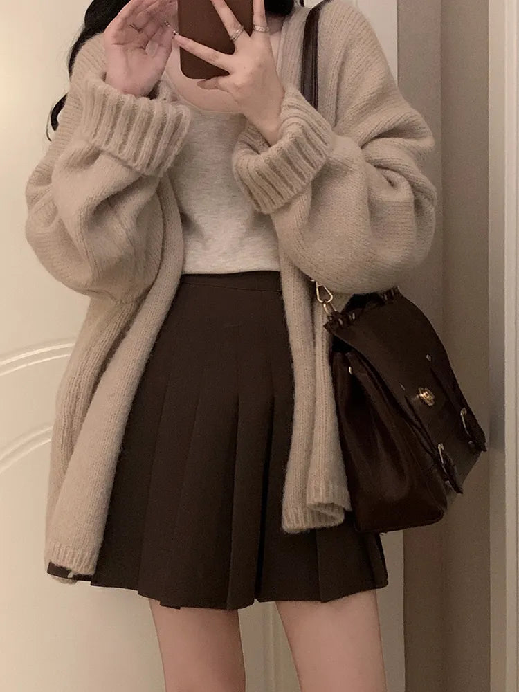 2024 Autumn Winter Outfits 2 Piece Set Retro Single-breasted Thick Oversize Warm Cozy Cardigan + High Waist Mini Pleated Skirt Grey-Cardigan
