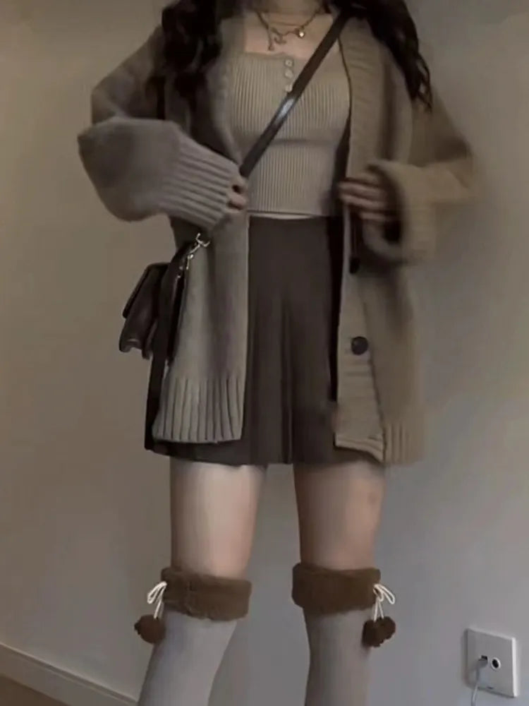 2024 Autumn Winter Outfits 2 Piece Set Retro Single-breasted Thick Oversize Warm Cozy Cardigan + High Waist Mini Pleated Skirt